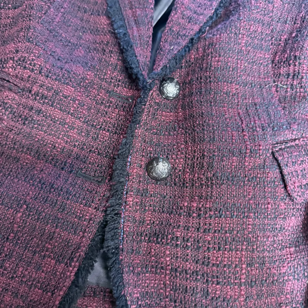 Banana Republic Purple Burgundy Tweed Black Fringe Blazer Military Buttons 10P - Image 3