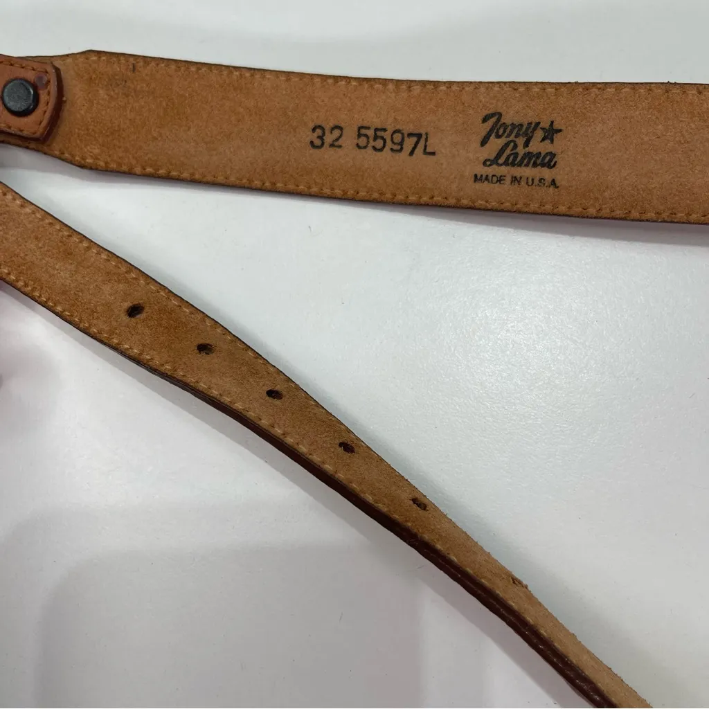 Tony Lama Tan Ostrich Print Scalloped Western Concho Belt Size 32 USA 5597L 1'' - Image 5