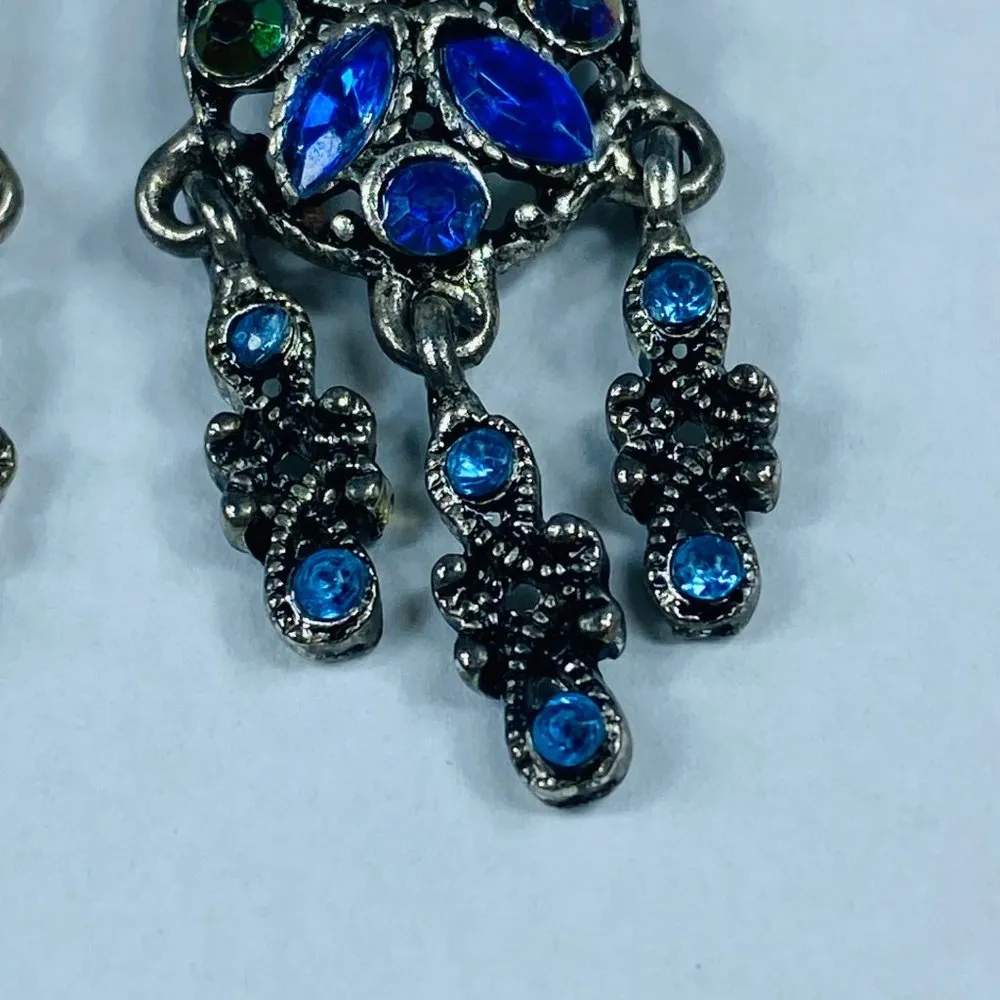 Earrings Pierced Dangle Drop Silver Color Metal Shades of Blue Rhinestones - Image 14