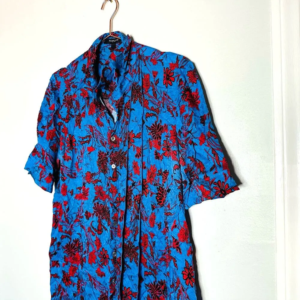 Derek Lam Blue & Red Floral Print Button Front A-Line Shirt Dress Size 4 - Image 5