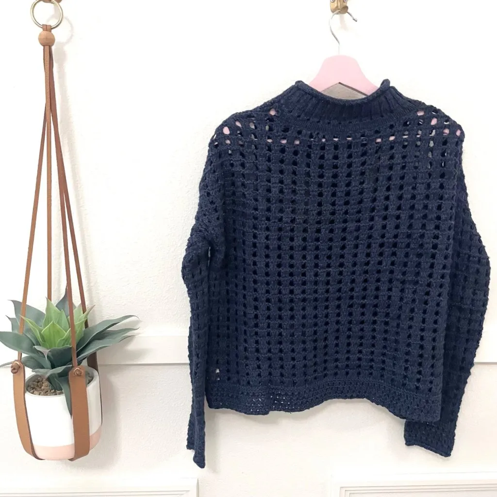 Free People Navy Blue Open Weave Oversized Angora Blend Mockneck Sweater Size XS - Image 6