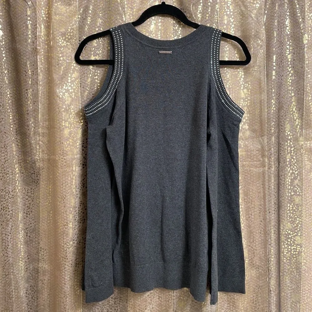 Michael Kors dark gray bell sleeve cold shoulder rhinestone sweater, M, NWT - Image 5