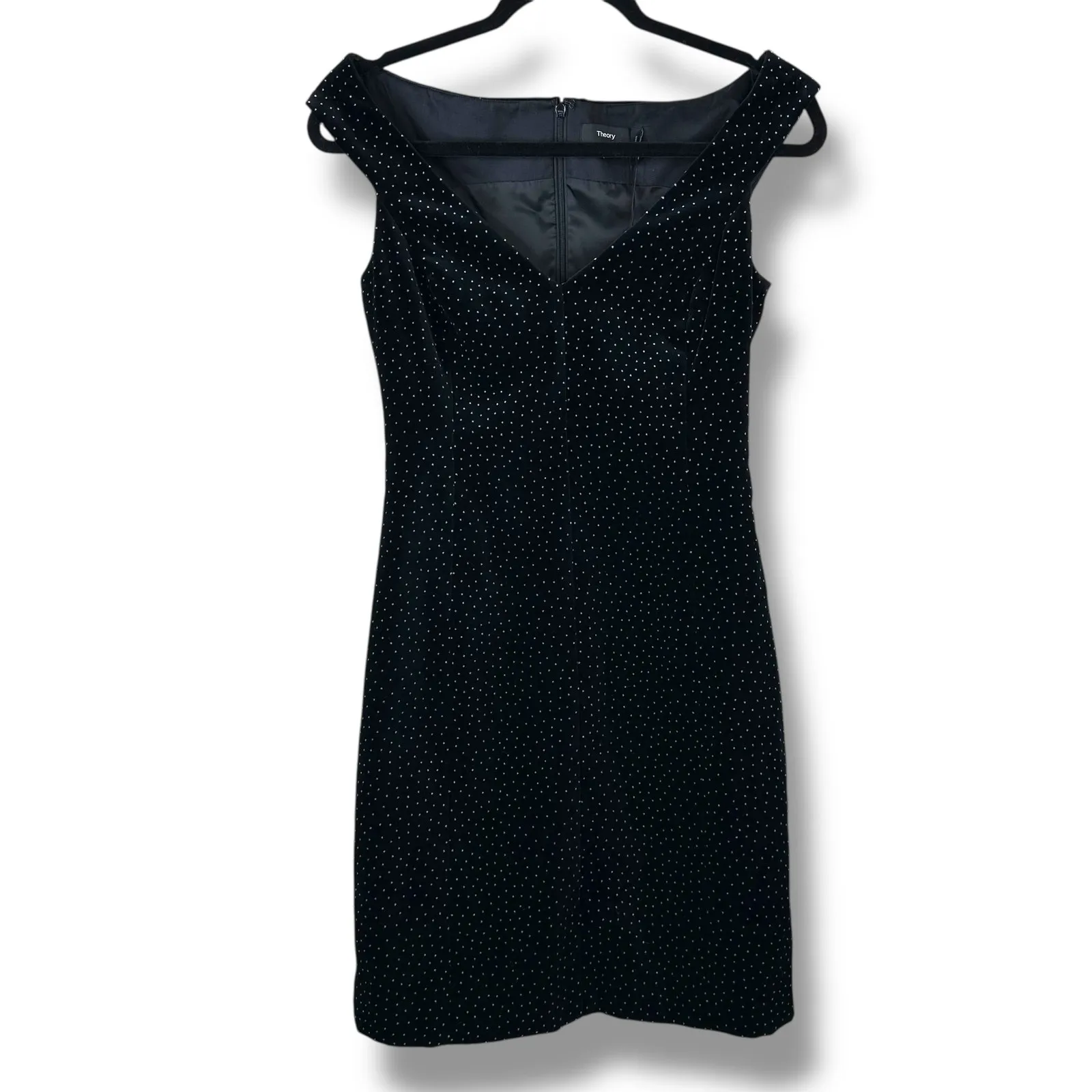 NEW Theory Black Polka Dot Velvet Paneled Off-the-Shoulder Evening Bodycon Dress - Image 4