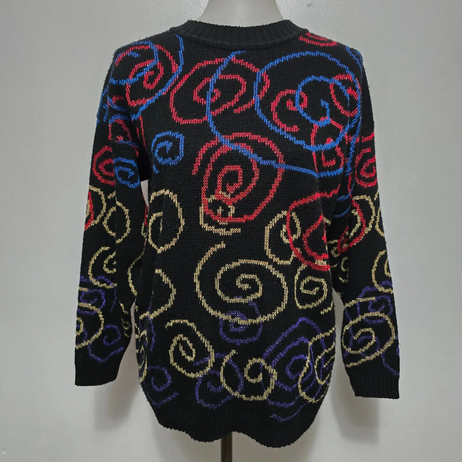 Vintage 80s 90s Sweater G.F.C LTD M Colorful Swirls Black Knit Emo Funky Goth Size M - Image 2