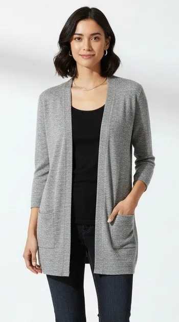 MNG by Mango Gray 100% Cotton Open Front Cardigan Sweater Pockets Womens Large - Image 1