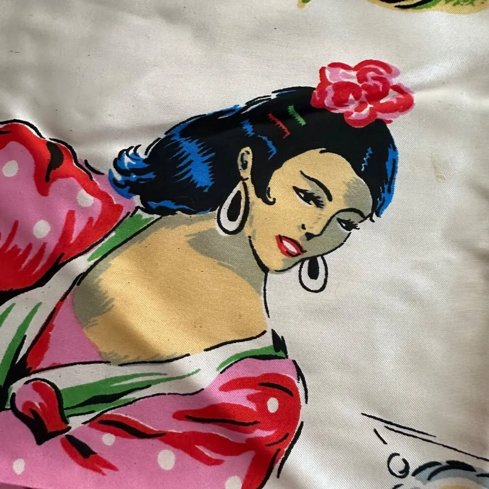 Vintage 70s Spanish Dancers Man & Woman Roses Silk Scarf from Bilbao Spain Pink - Image 2