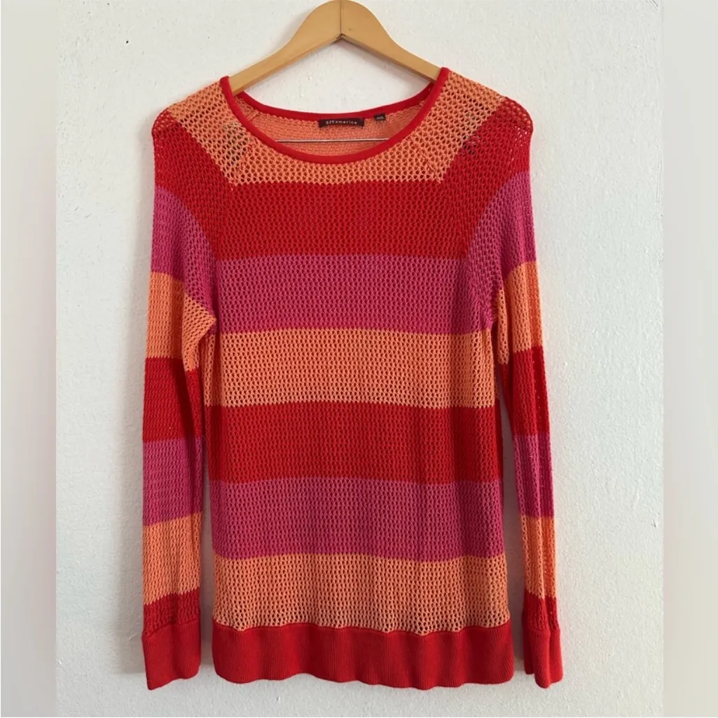 525 America Orange Pink Colorblock Crochet Open Knit Pullover Sweater Tunic MED - Image 2