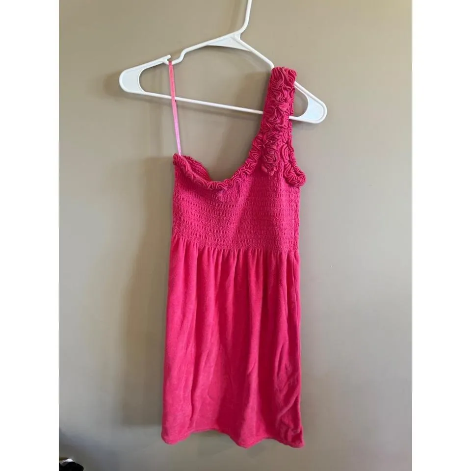 Juicy Couture Pink Smocked One Shoulder Terry Cloth Beach Cover Up Dress M - Image 6