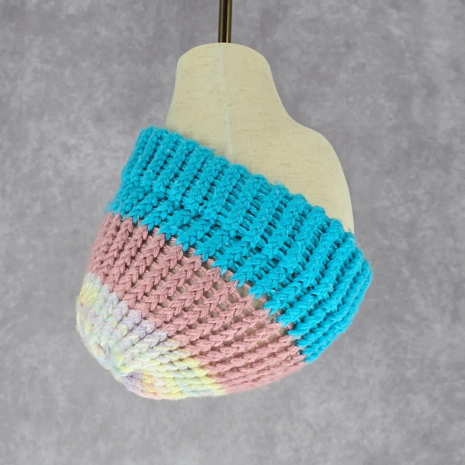 Blue‎ Pink Crochet Knit Bucket Cap Hat Fun Vintage Y2K Funky Beanie Blue - Image 3