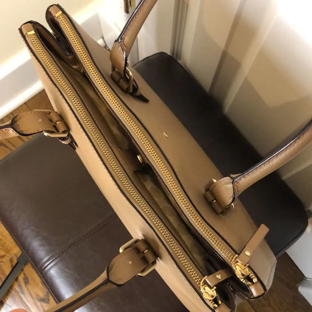 Tan Leather Two Handle Triple Compartment Expanding Shoulder Bag - Image 15