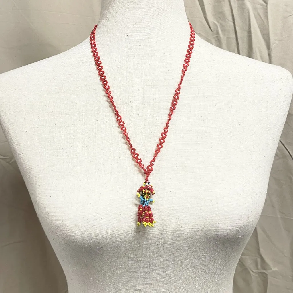 Handmade Beaded Folk‎ Art Necklace | Colorful Boho Woman Pendant | Red Seed Bead - Image 2
