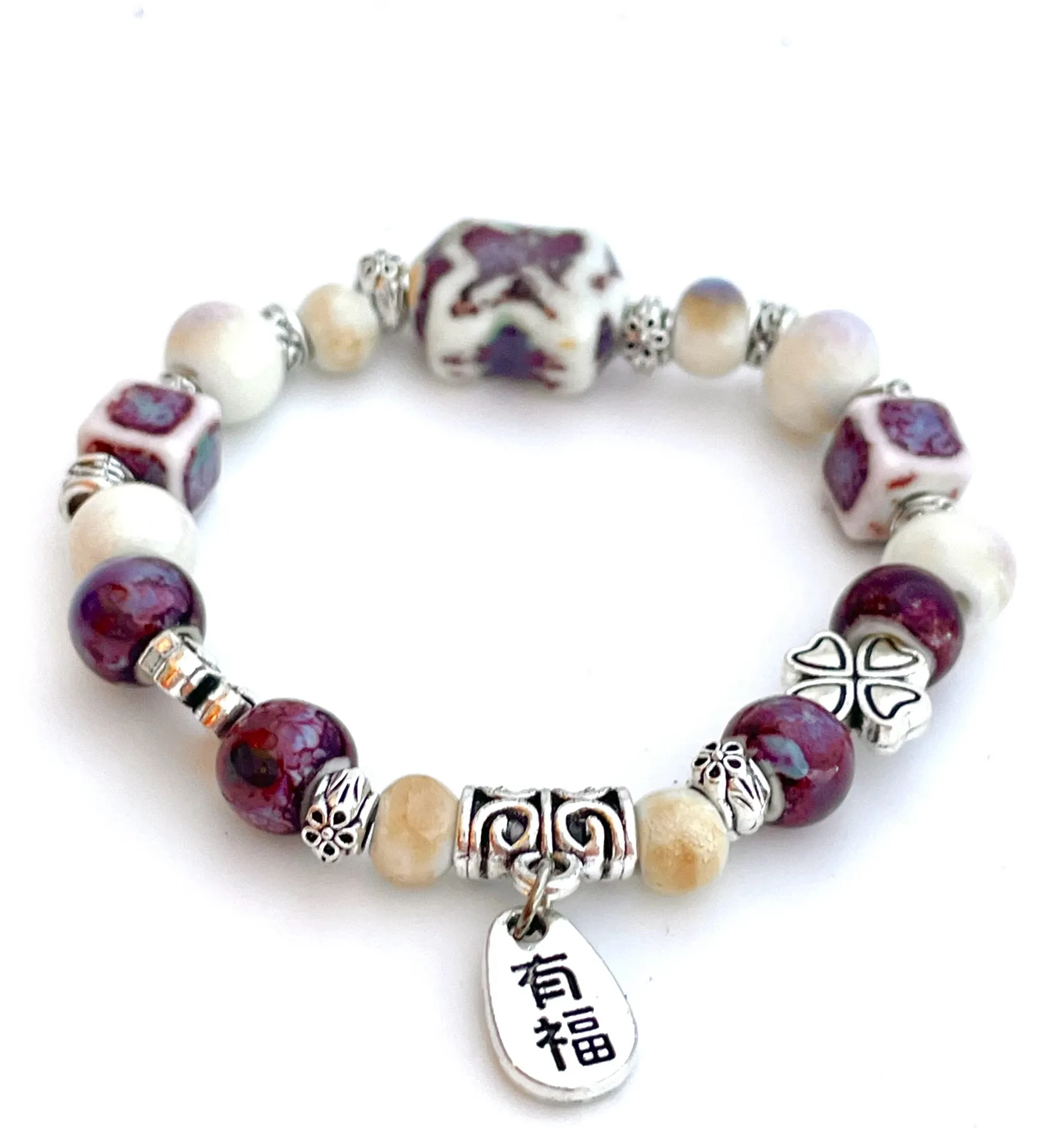 Burgundy Purple Bracelet ceramic beaded lucky clover silver charms Multiple - Image 3