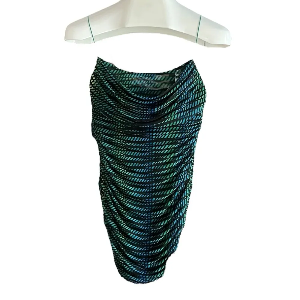 Oh Polly Lunar Green Blue Striped Print Cowl Ruched Bodycon Mini Dress - Image 4