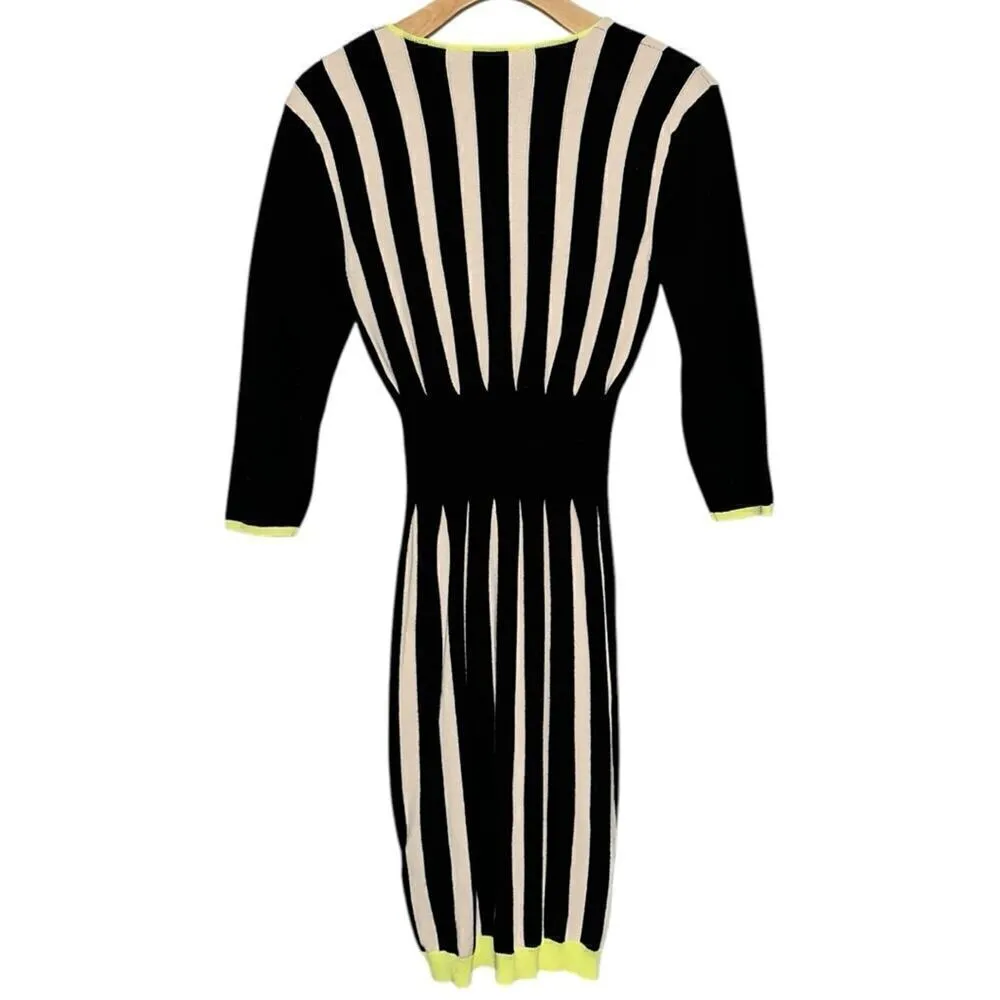 Ted Baker Sz 2 S Black White Row Striped Knit Contrast Lime Green Sweater Dress - Image 4