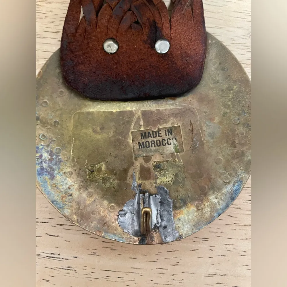 Vintage Braided Leather Belt With Brass With Stone In Middle Made In Morraco 41 Brown - Image 3