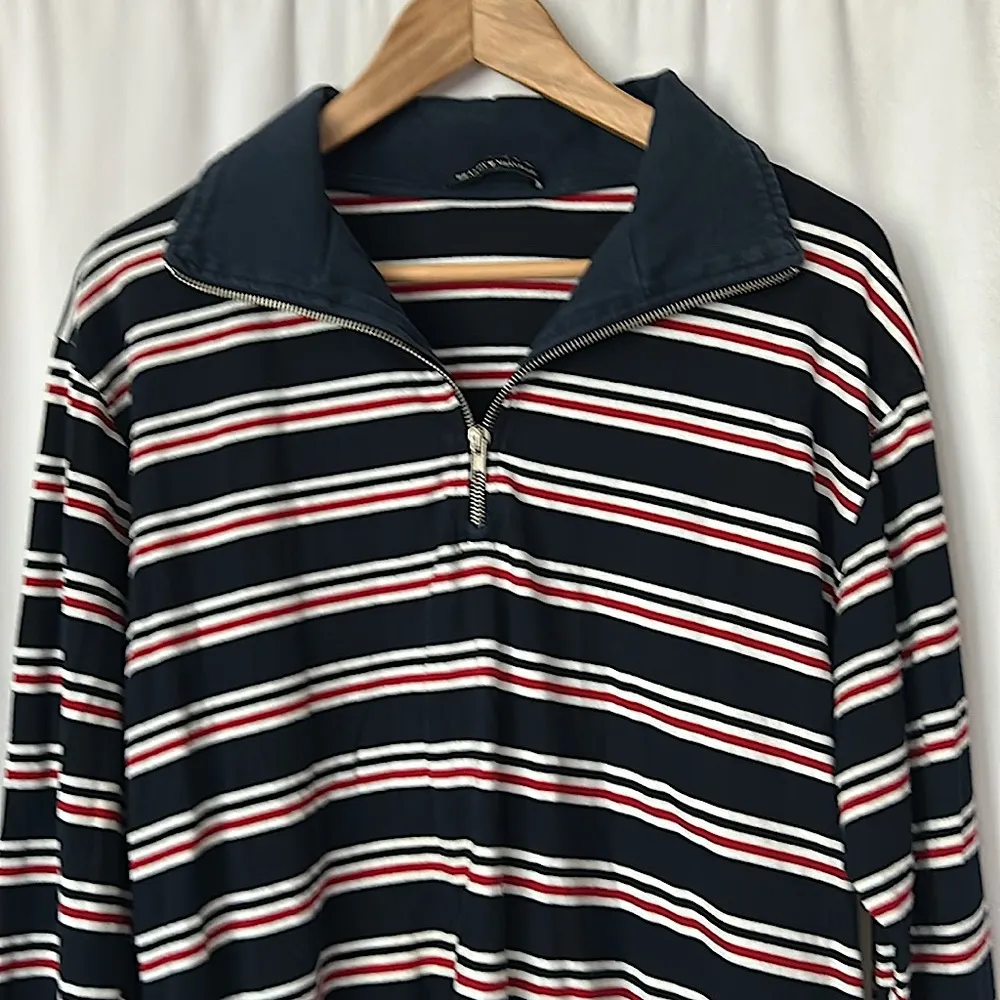 Brandy Melville Navy Blue Striped Zip Up Long Sleeve Shirt Top **Oversized** - Image 3
