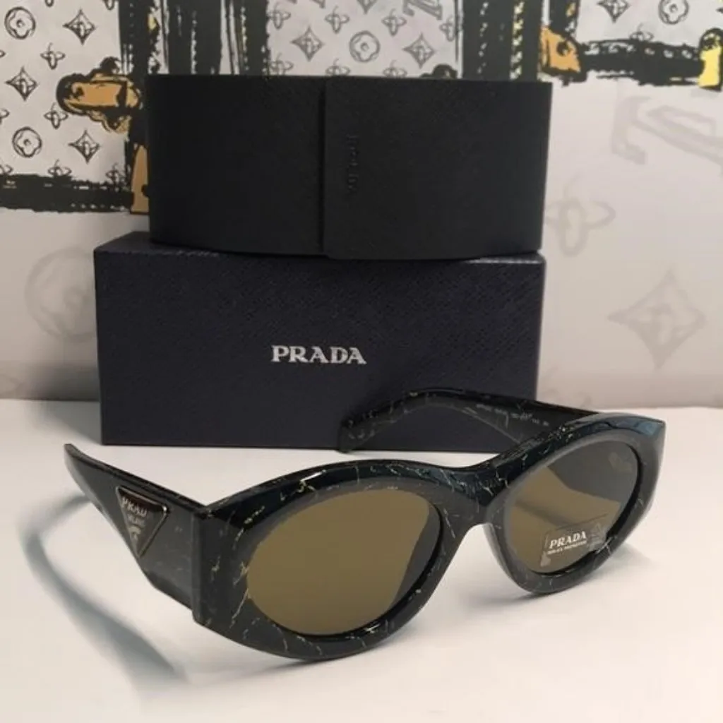 New Authentic Prada SPR 20Z Acetate Oval Symbole Sunglass– Black &Green Marbles - Image 4