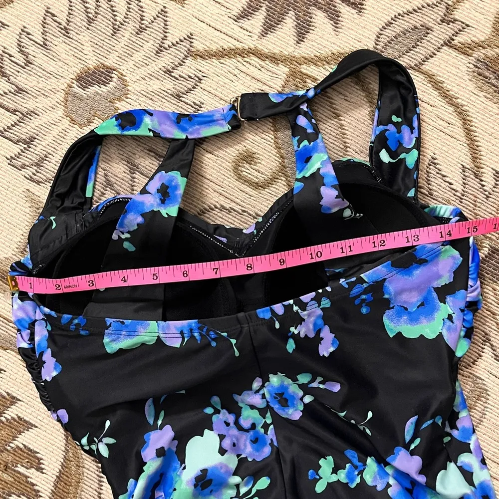 Swimsuits for All Sarong Front One Piece Swimsuit Blue Floral 12 New - Image 6