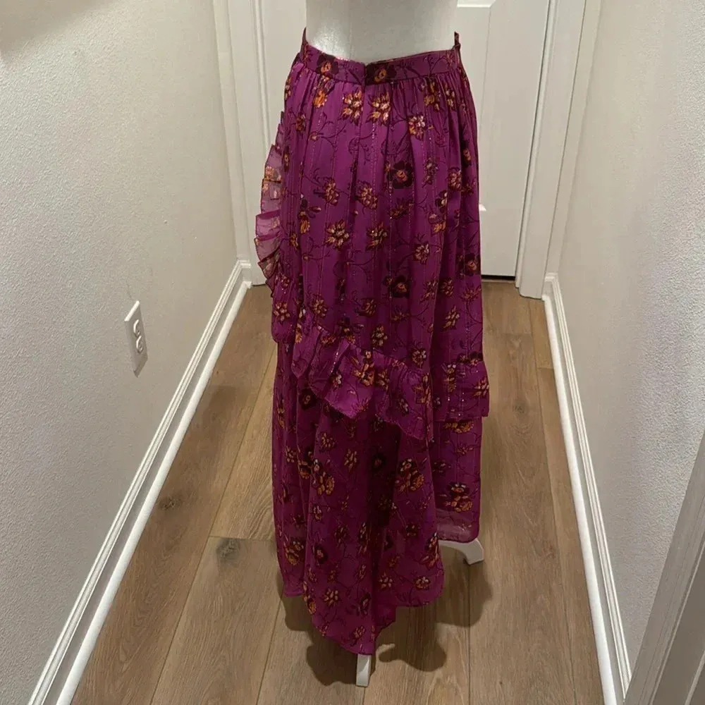 Ulla Johnson Torri Magenta Midi Silk Floral Print Skirt - Image 3