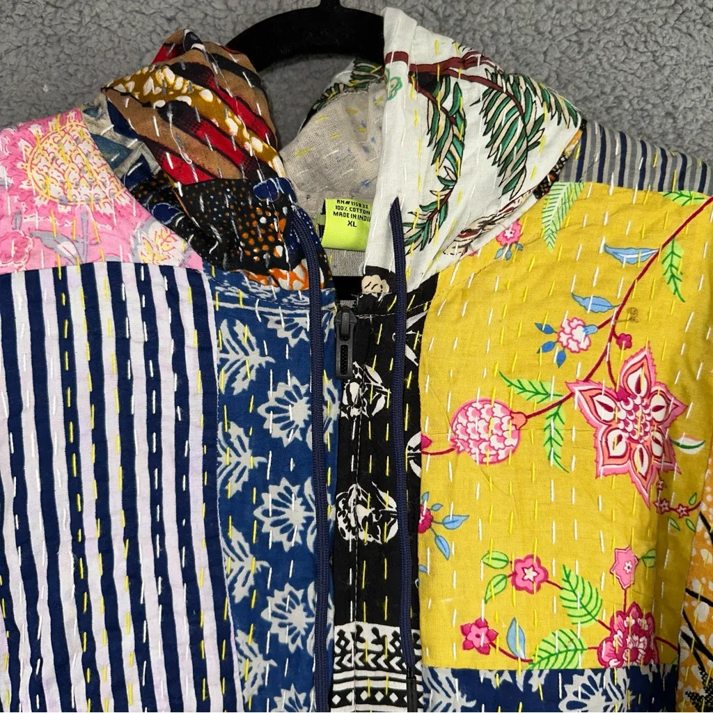 Raj Jacket Womens XL Multicolor Hooded Patchwork Quilted Kantha Full Zip NWT Blue - Image 5