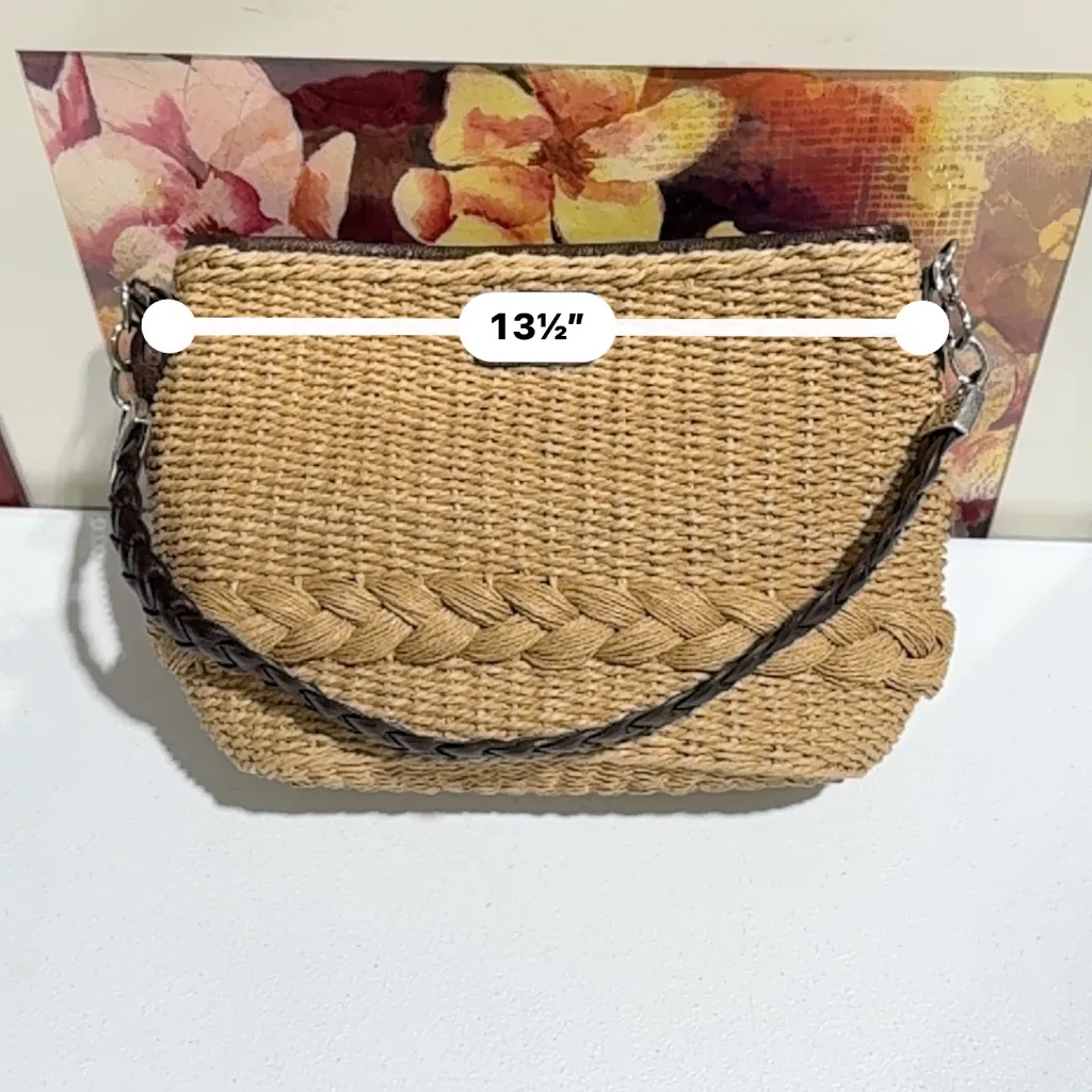 Brighton Brown Leather Trim Woven Straw Handbag Braided Accent Leopard Lining - Image 5