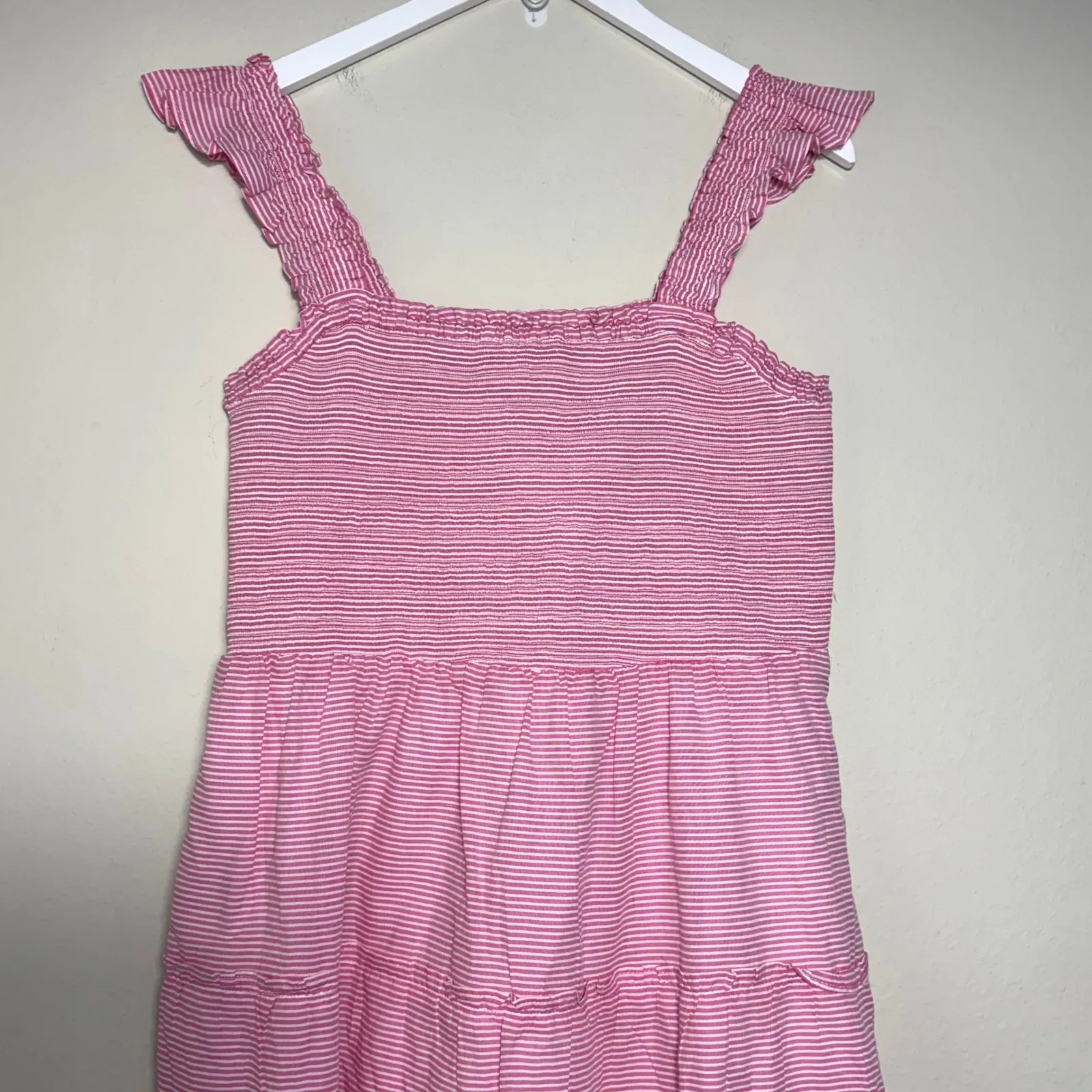 J Crew Striped Smocked Tiered Mini Dress Womens‎ Large Ruffle Strap Striped Pink - Image 12