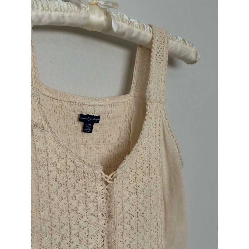 Cute American Eagle CS Boho Chic Cream Knit Crochet Smocked Tank Top Corset Size XS - Image 4