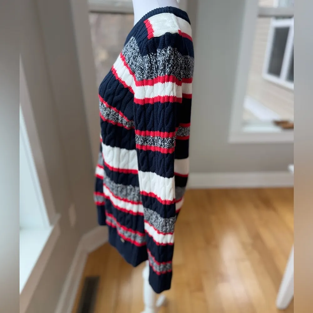 Tommy Hilfiger Navy Blue White Red Striped Cable Knit Crewneck Sweater Sz Large - Image 3