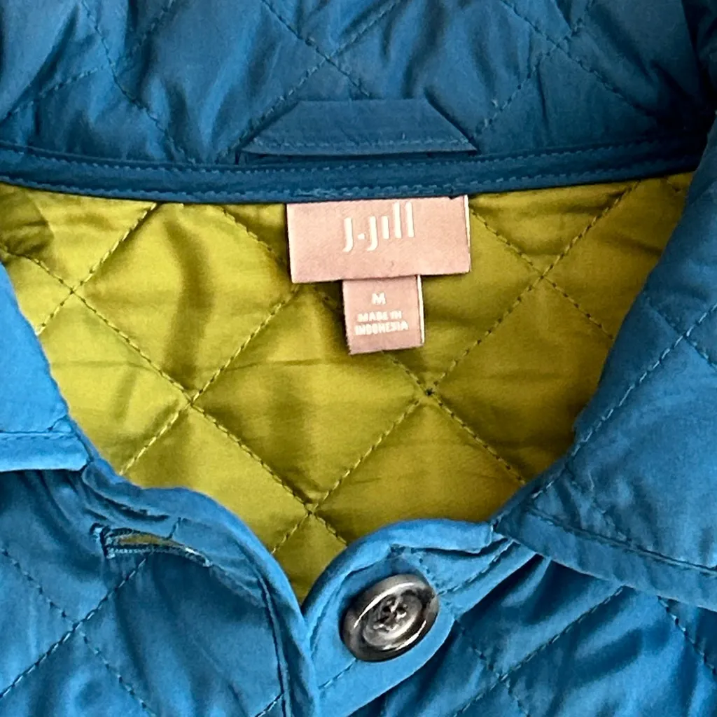 J. Jill Women’s Teal and Olive Quilted Jacket Size Medium Button Up Blue - Image 2