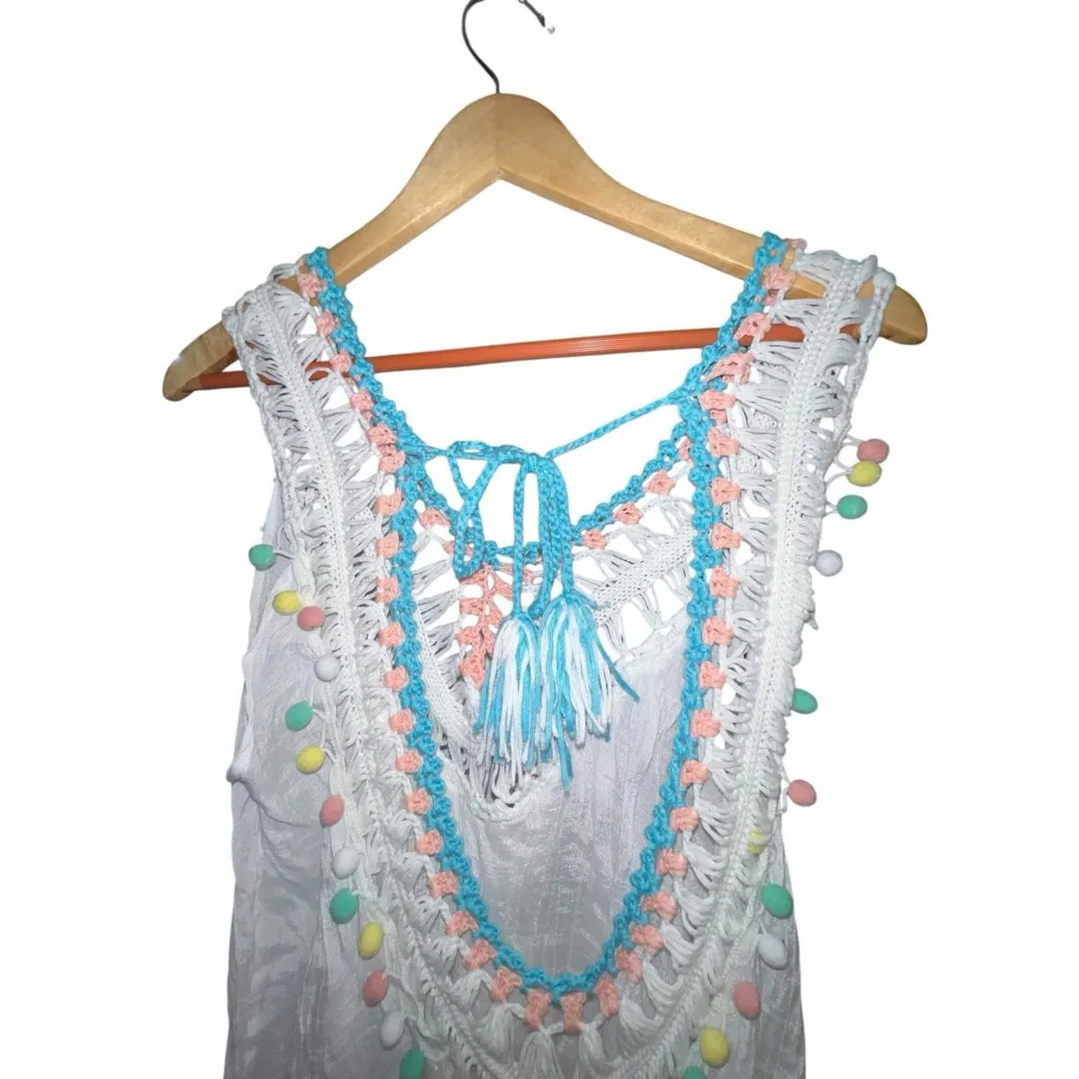 Cupshe Swim Coverup Dress Boho Crochet Pom Pom Fringe Tassel White One Size - Image 4