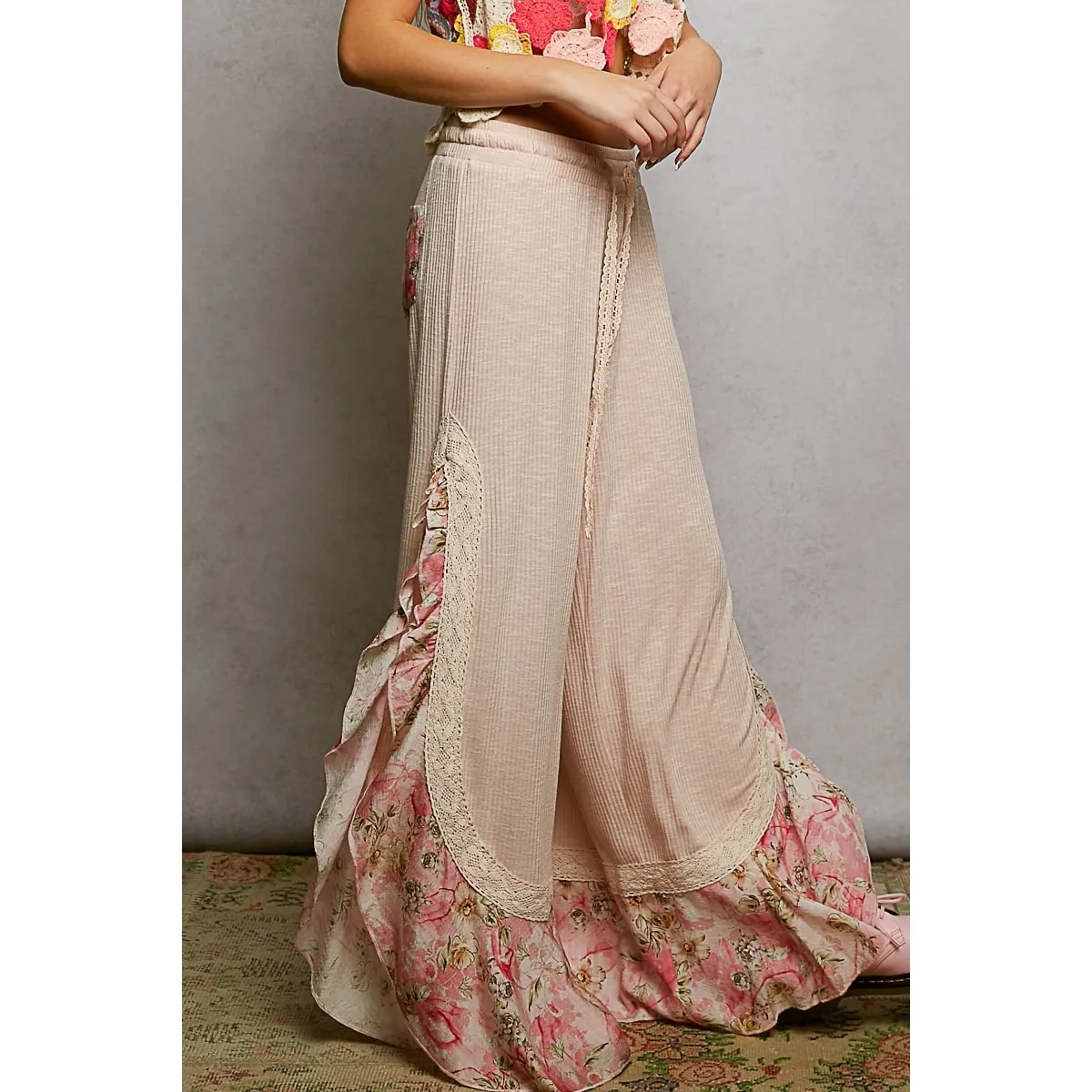 POL Floral Lace Ruffle Wide Leg Palazzo Pants Pink Waffle Knit SIZE M - Image 4