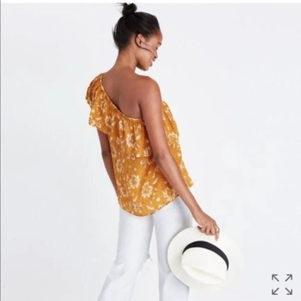 Madewell Silk One-Shoulder Ruffle Top in Yellow Assam Floral S - Image 3