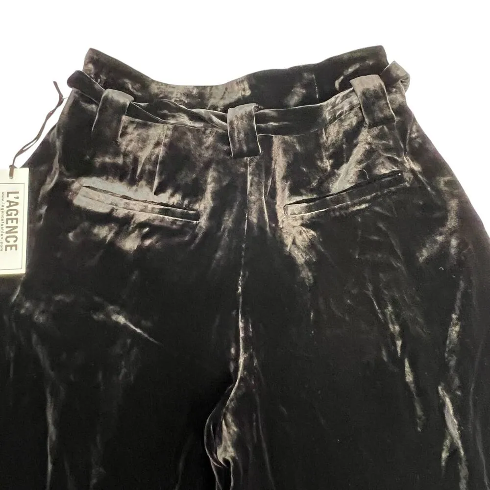 L'AGENCE Bobby Size 2 Velvet Wide Leg Paperbag Pants Black Belted Tie Waist NWT - Image 8