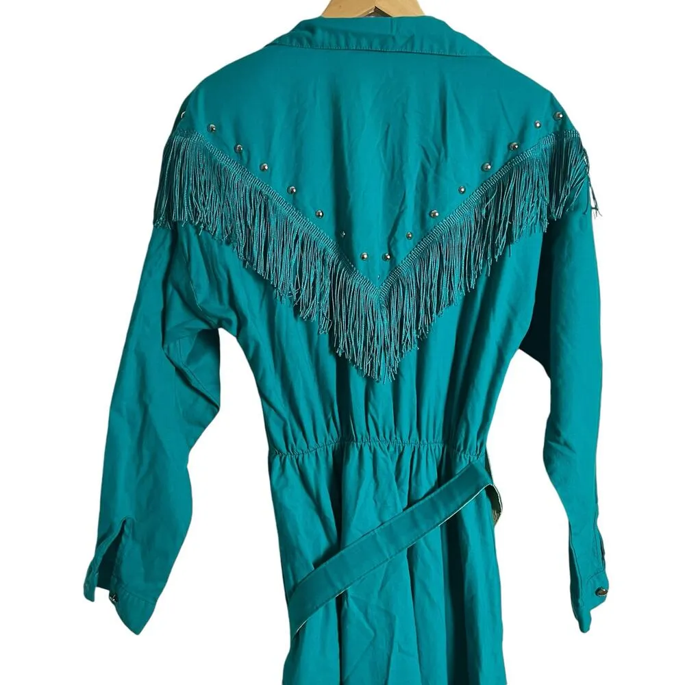 Vintage Teal Blue Western Boho Fringed Studded Long Sleeve Maxi Shirt Dress M Size M - Image 7
