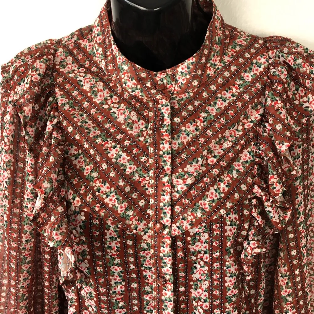 Lulu’s floral long sleeve peasant ruffle blouse high neck size medium - Image 3