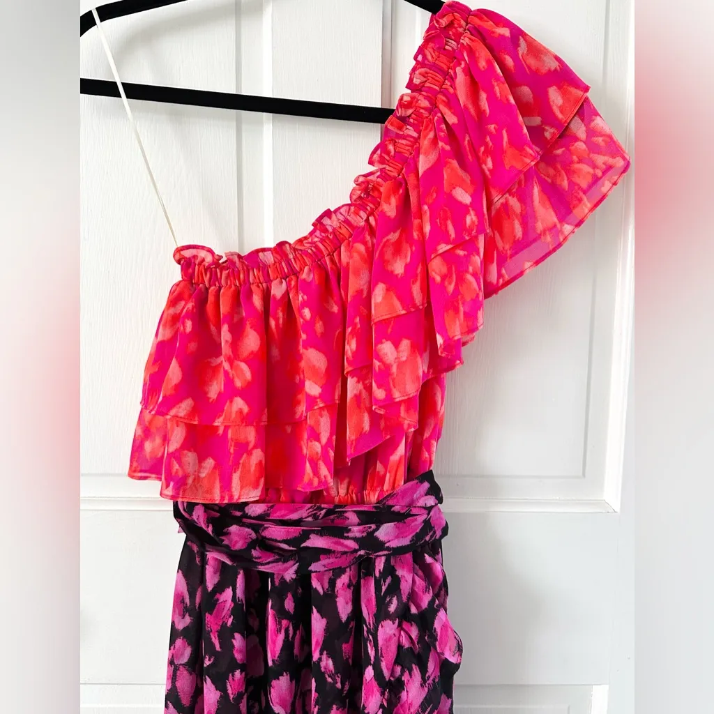 MISA Los Angeles Aida One Shoulder Dress Ruffle Pink Purple Coral Print Size S - Image 6