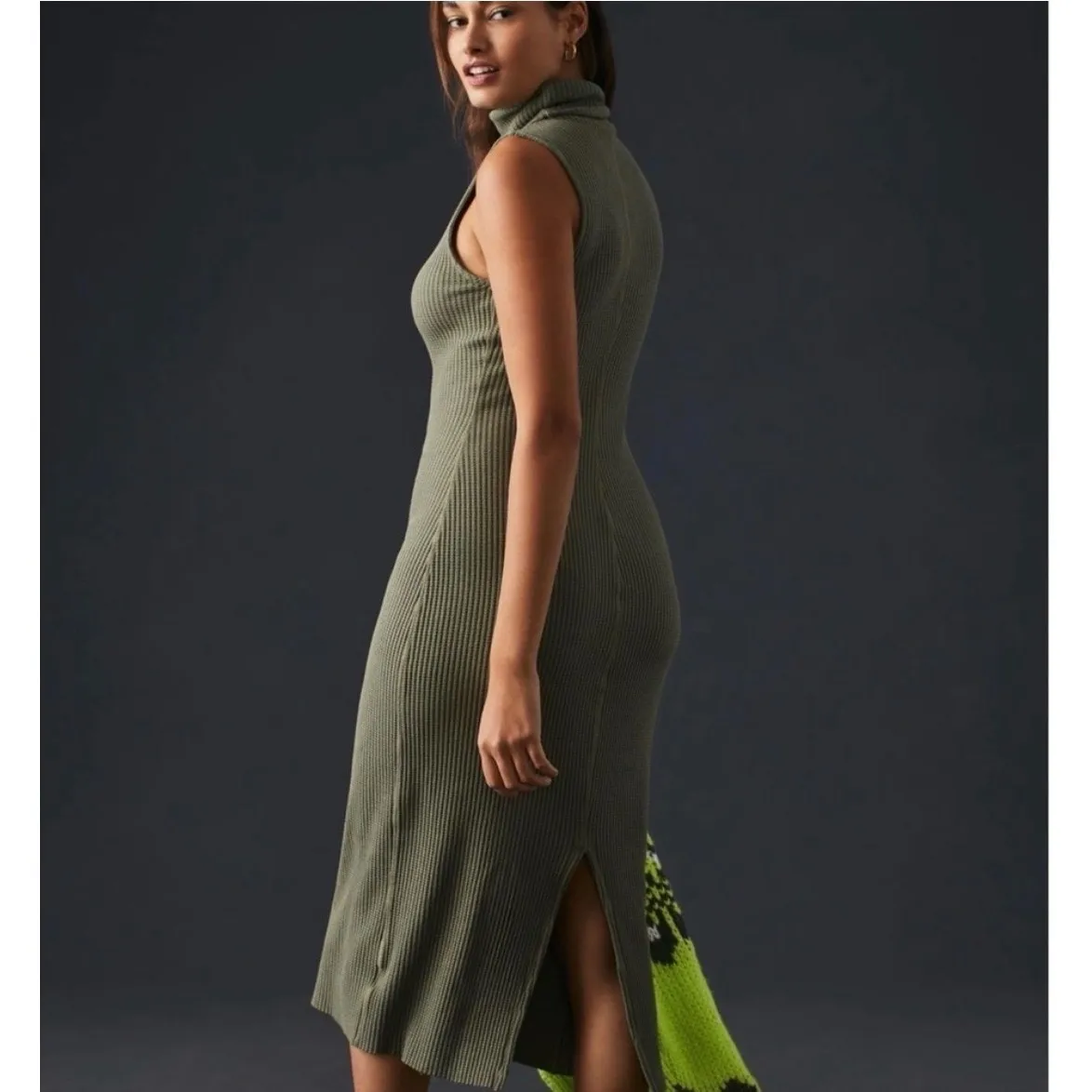 Stateside Anthropologie Olive Green Ribbed Turtleneck Sleeveless Midi Dress sz L - Image 4