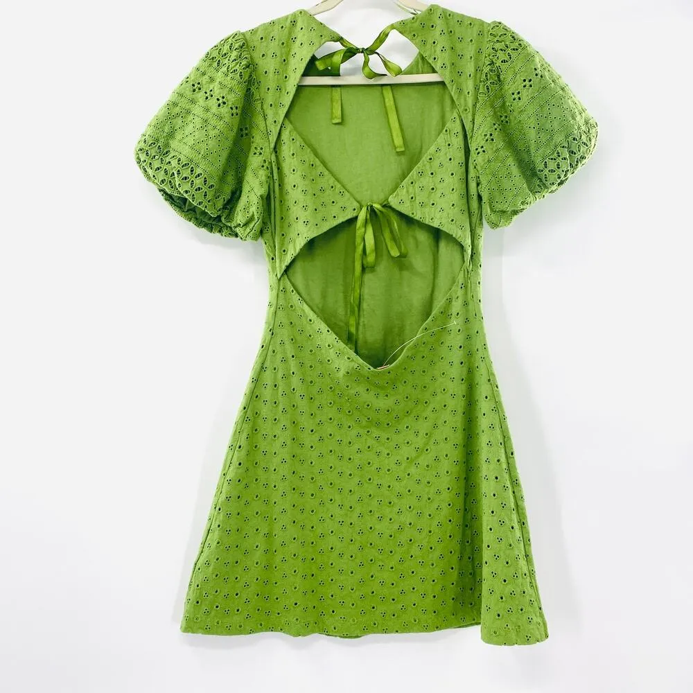 NEW Free People Apricot Eyelet Green Puff Sleeve Open Tie Back Mini Dress XS - Image 3