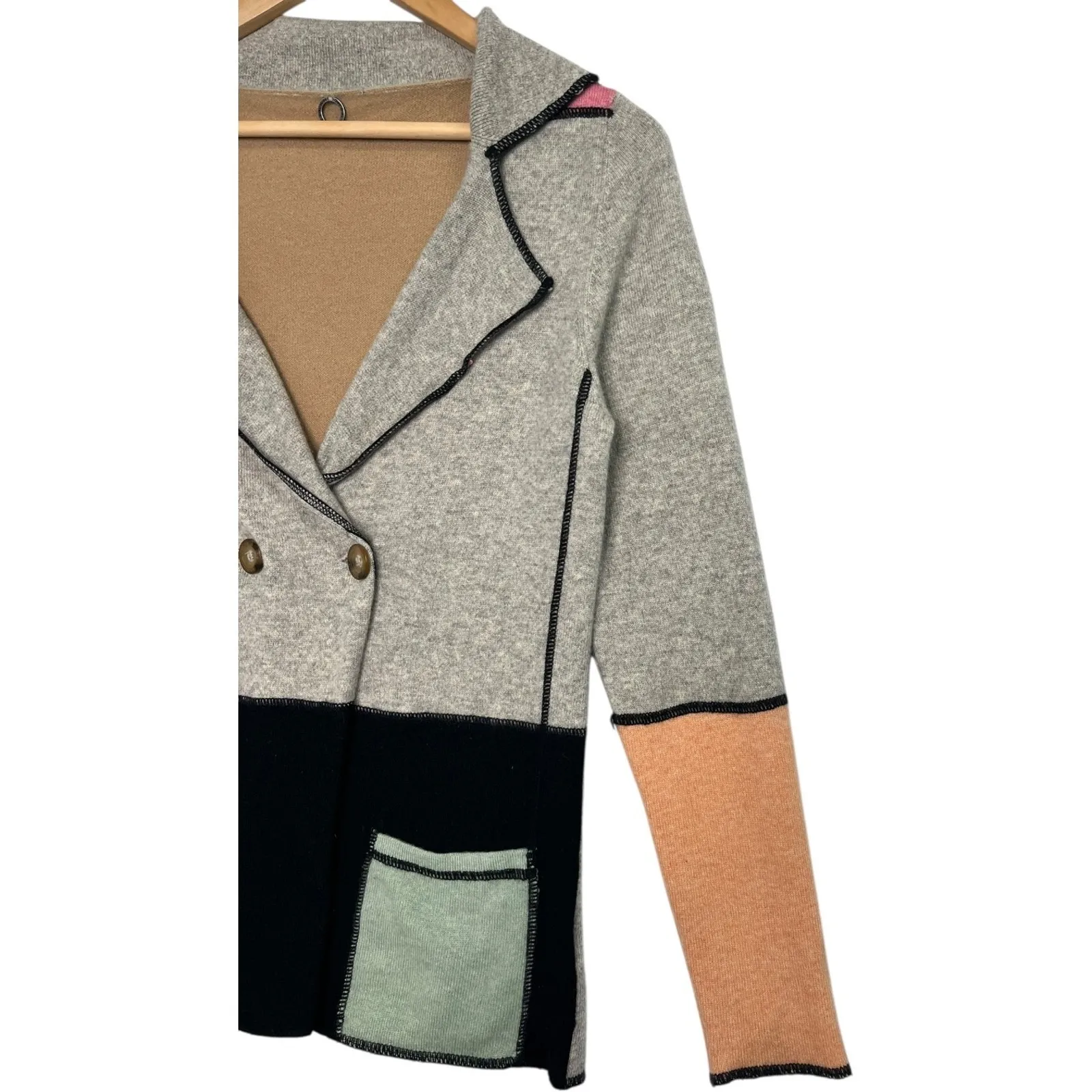 Cashmere Cardigan Sweater Womens Small Gray Colorblock Retro Vintage Inspired - Image 8