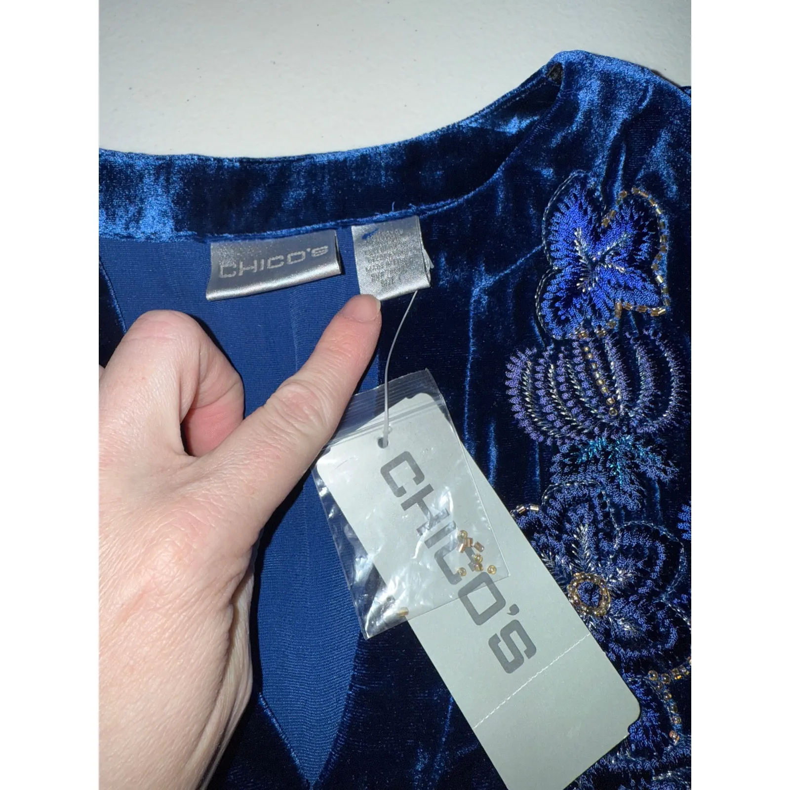 Chico's Blue Silk Velvet Beaded Embroidered Boho Holiday Long-sleeved Top M NWT - Image 3