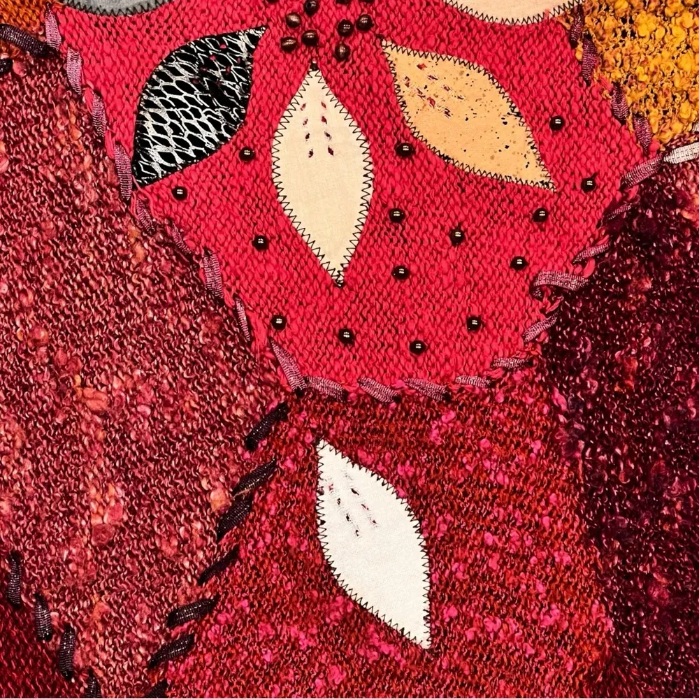 ★ Vintage 80s Patchwork Color Block Knitted Leaf Pattern Sweater from 20 Ans ★ Red Size M - Image 2
