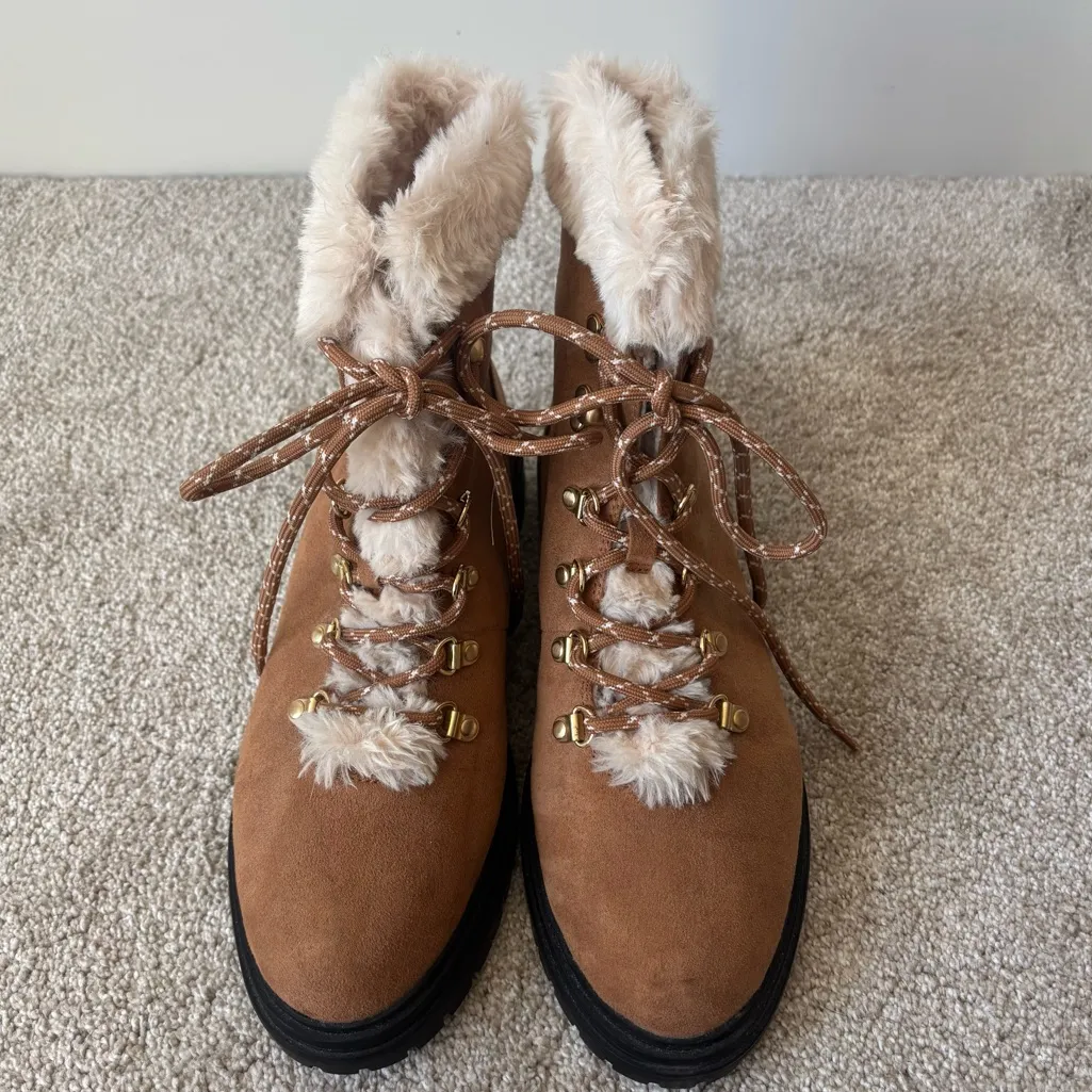 J. Crew Brown Tan Suede Winter Hiking Combat Boots Faux Fur Lace Up Outdoor - Image 2