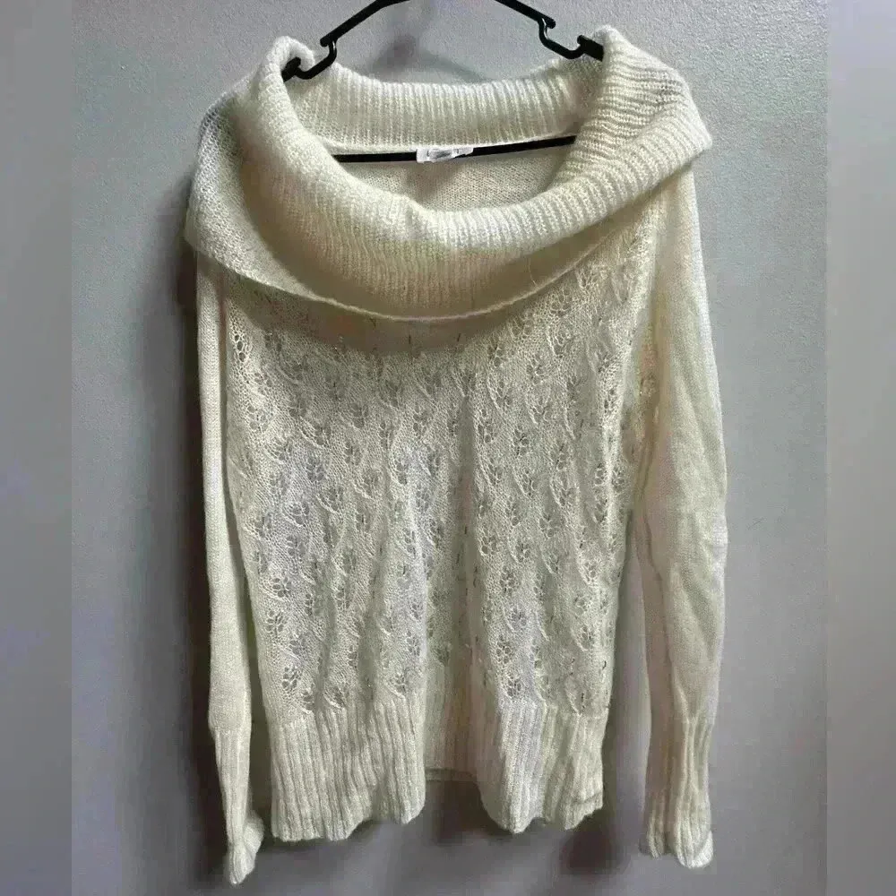 Y2K Ann Taylor Loft Wool Blend Beaded Cowl Sweater | Cream & Silver | Size L - Image 2