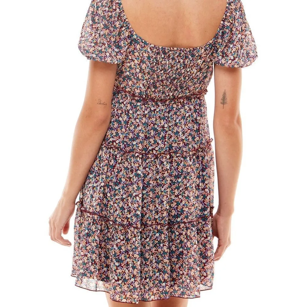 ✨ TRIXXI Womens Maroon Stretch Fitted Puff Sleeve Mini Tiered Dress ✨ Pink Size M - Image 3