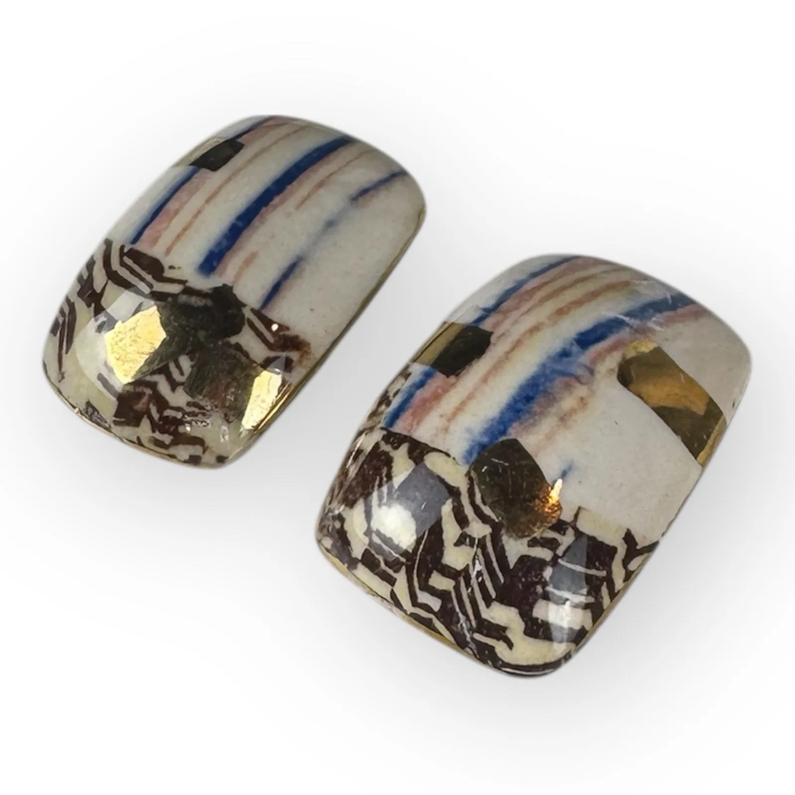 Vintage Abstract Ceramic Statement Earrings With Gold Foil 1” - Image 3
