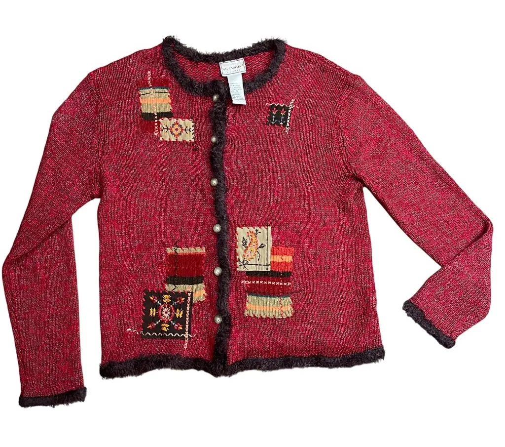 Vintage Napa Valley Petites Cardigan Sweater Women's Medium Faux Fur Patchwork Red Size undefined - Image 1