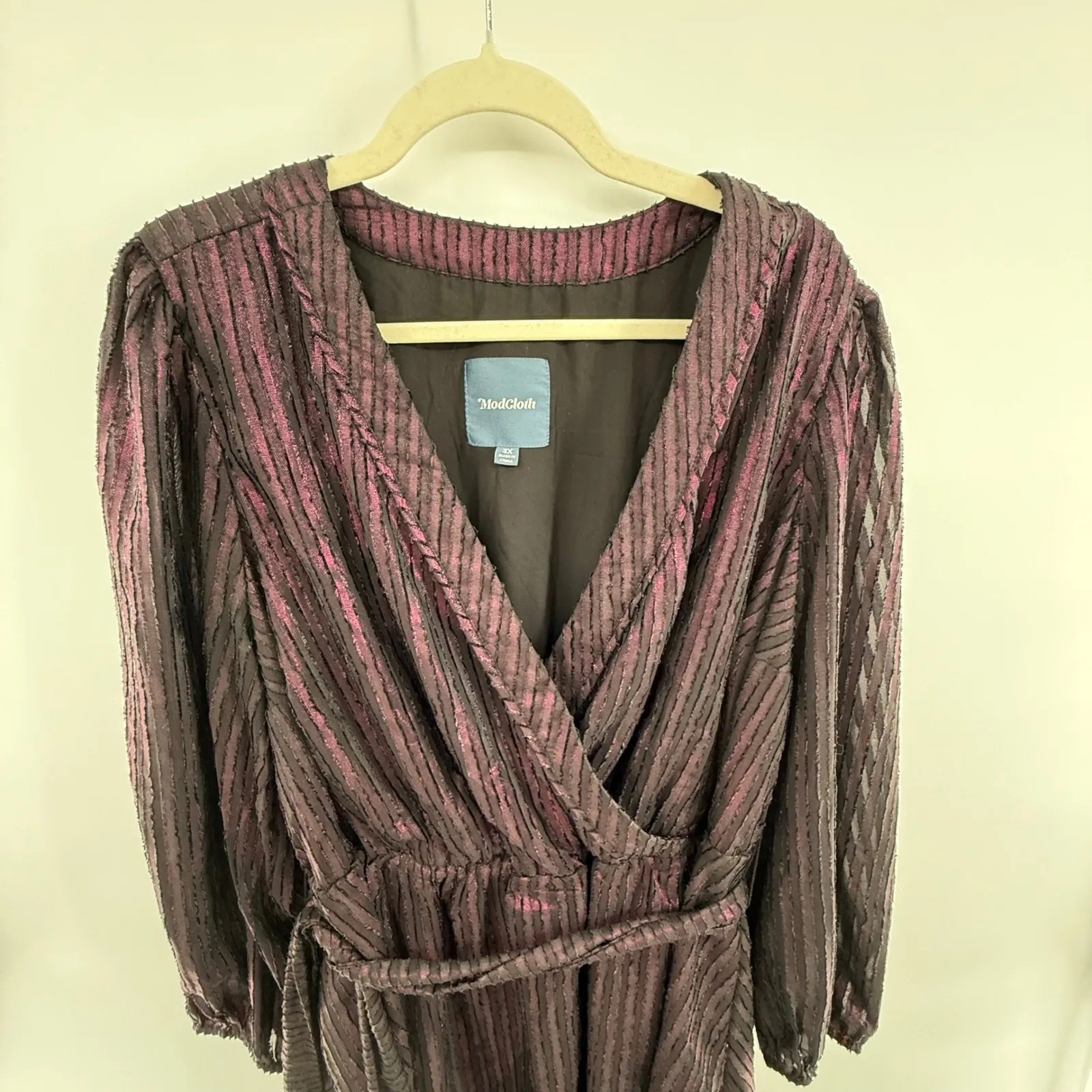 ModCloth 3X Burgundy Metallic‎ Stripe Gauzy Wrap Dress Long Sleeve Tie Waist - Image 2
