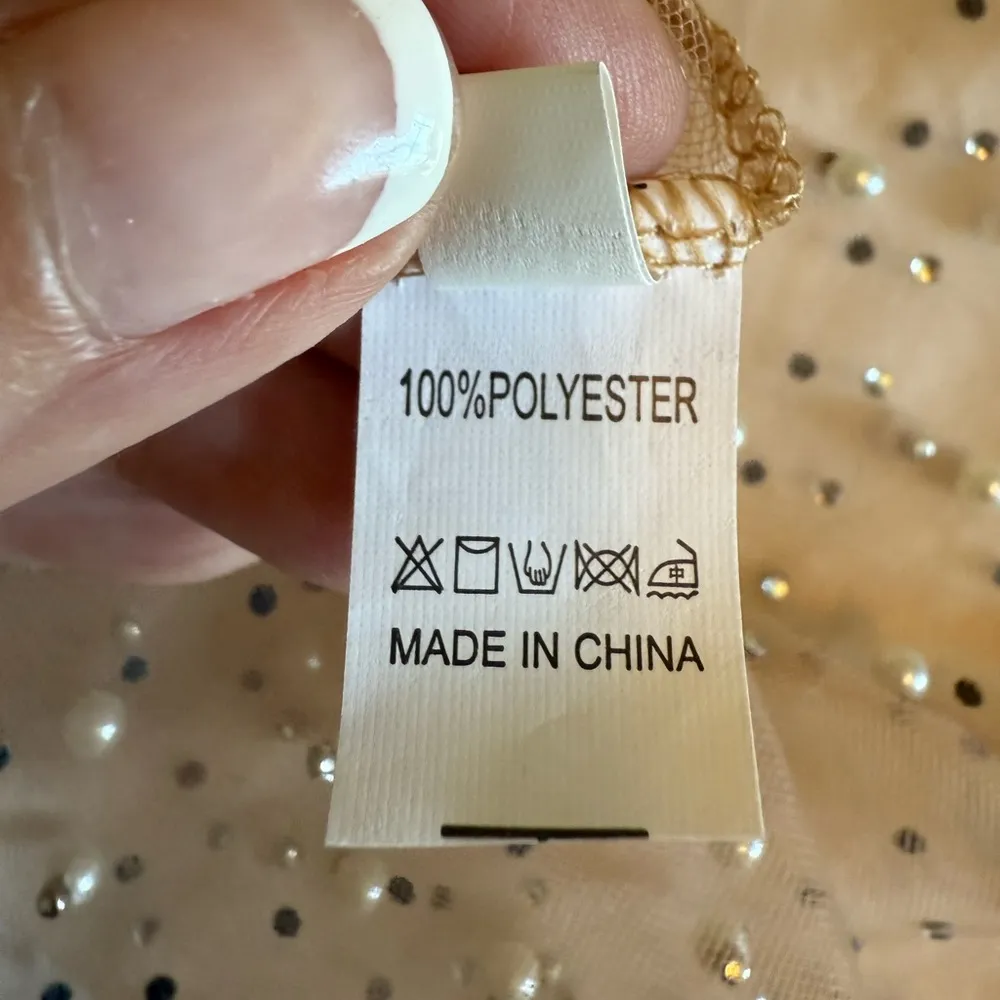 SHEIN Nude Mesh Coverup Mini Dress Pearls Rhinestones Long Sleeves Scoop Neck XL - Image 5