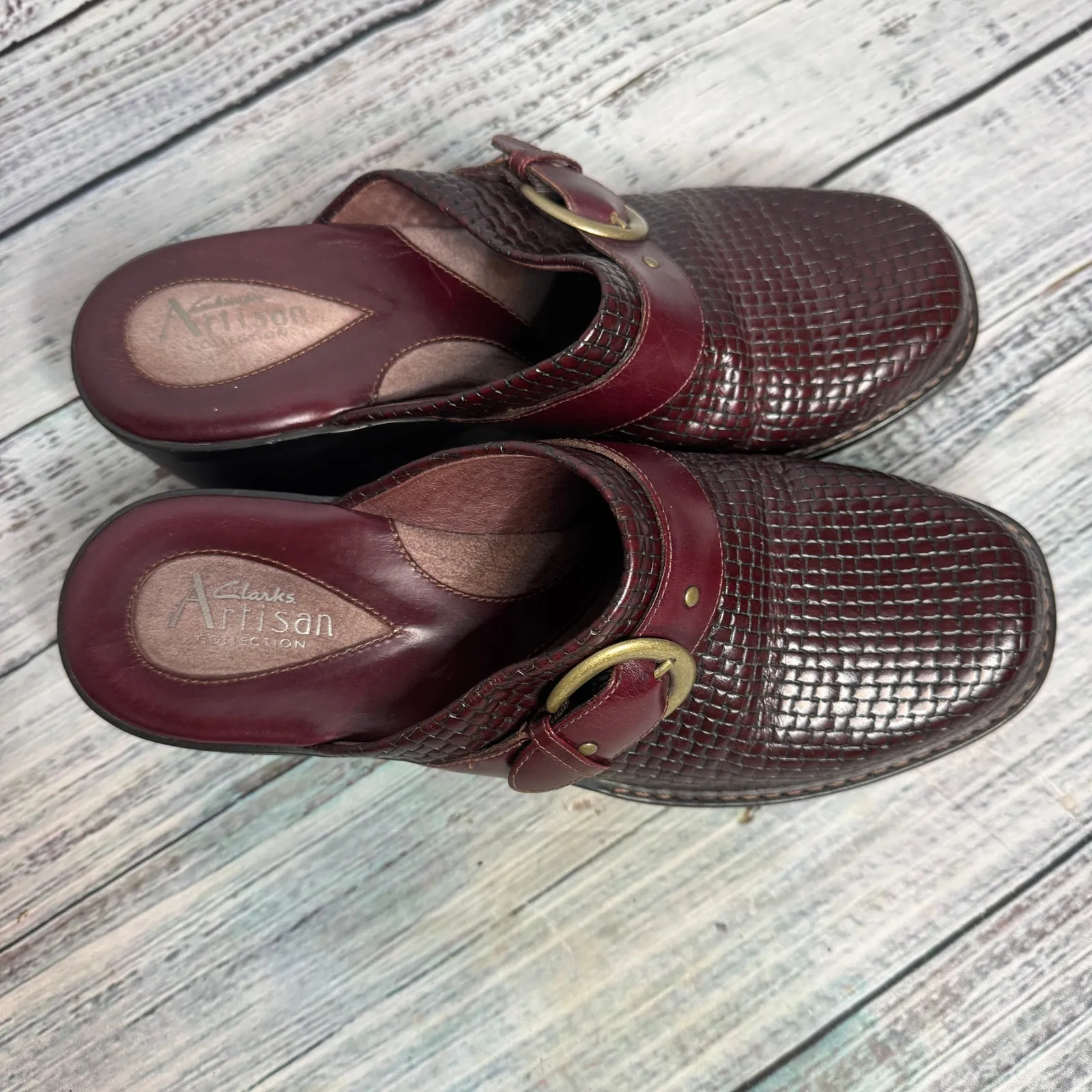 Clarks Artisan Collection Leather Woven Clog Mules Burgundy Slip-On 8.5 - Image 3