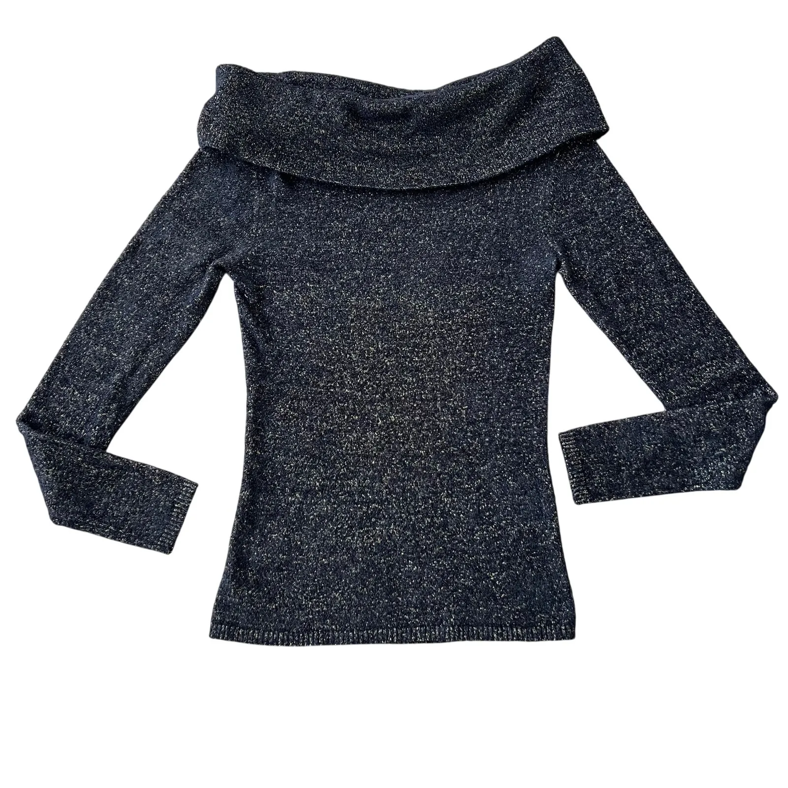 Cache  Off-Shoulder Cowl Neck Knit Metallic Sweater Small Black Gold Stretchy - Image 2